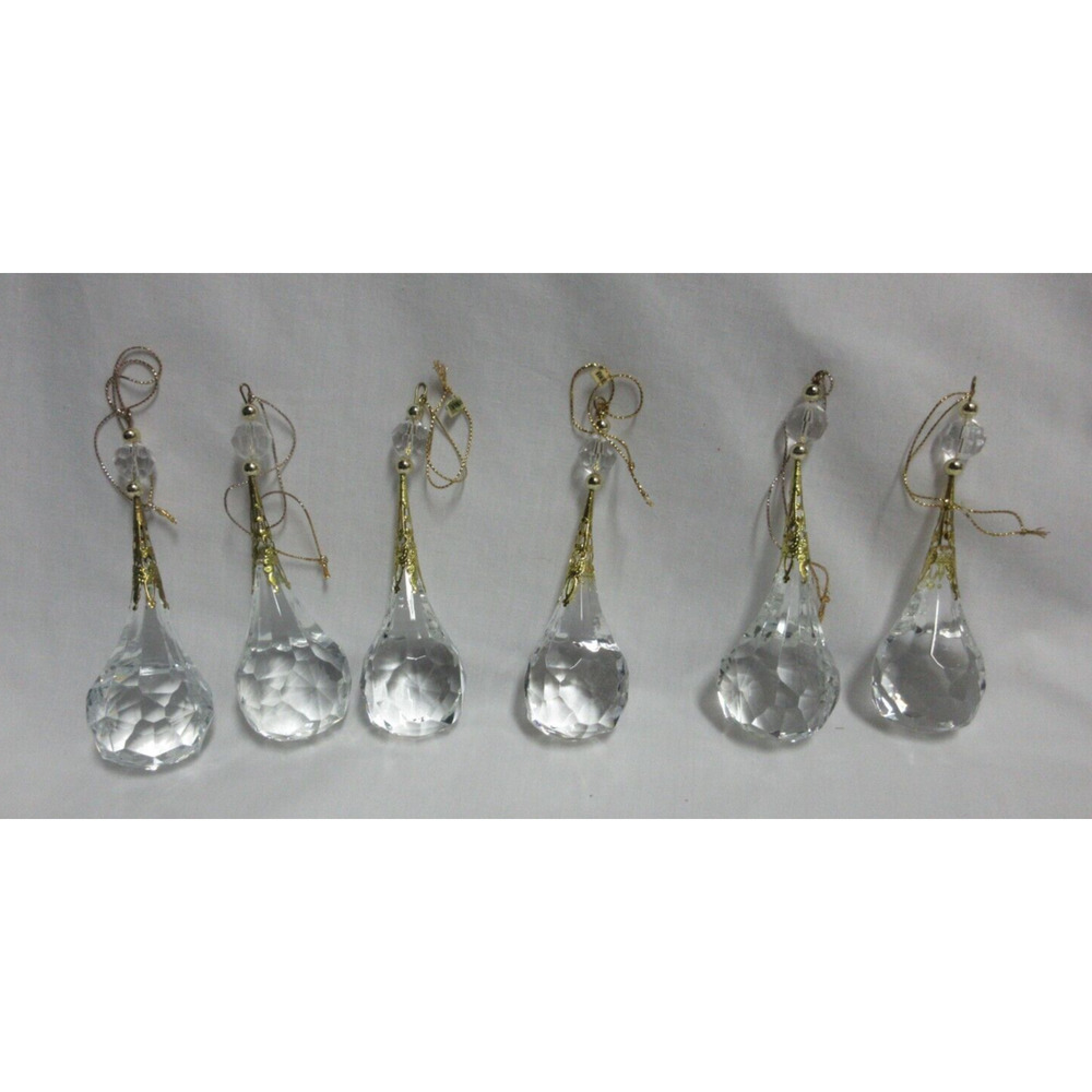 6 Clear Acrylic Tear Drop Prisms Ornaments Gold Accent Christmas Tree VTG